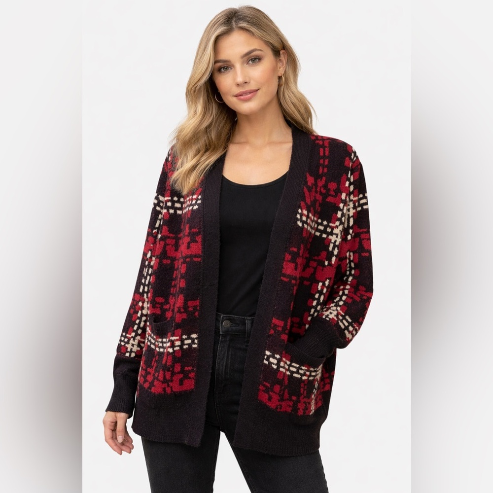 LuLaRoe‎ Open Front Cardigan Sweater Size S Red Black Abstract Knit Cozy